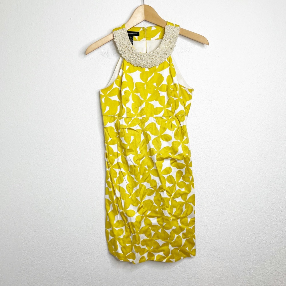 INC International Concepts Yellow Floral Pearl Halter Dress Size 2 Sleeveless